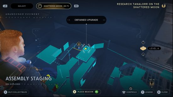 A blue holographic map of an assembly staging area in Star Wars Jedi Survivor.