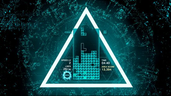 Best PC games - Tetris Effect Connected shows the Tetris grid in aqua blue light, in a triangle, with a score of over 13,000