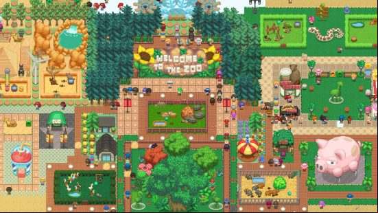 An overhead view of a zoo in Let's Build a Zoo, characterized by colorful foliague, animal enclosures, and plenty of attractions in one of the best tycoon games.