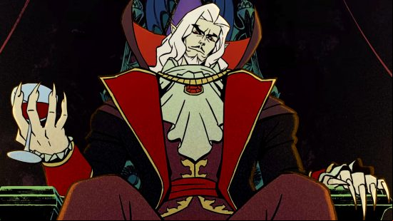 Dead Cells Return to Castlevania - Dracula looks down from his throne, cradling a glass of wine in one hand