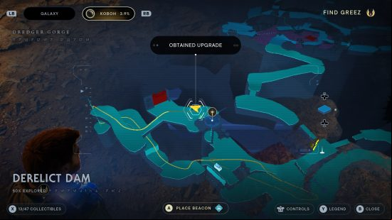 A blue holograpic map of a derelict dam in Star Wars Jedi Survivor.