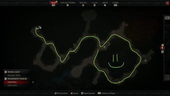 Diablo 4 dungeon redesign - a dungeon map with a green line drawn to show the player's path through it, and a drawn-on smiley face