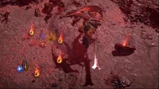 Diablo 4 Helltide event - a player fights a large demon in a red-tinged, blood-soaked landscape as glowing loot spreads across the floor