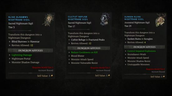 Diablo 4 Nightmare Sigils - three items used to apply unique modifiers to nightmare dungeons