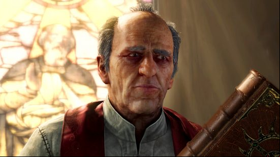 Diablo 4 patch notes - a priest holds up his bible in front of a stained-glass window