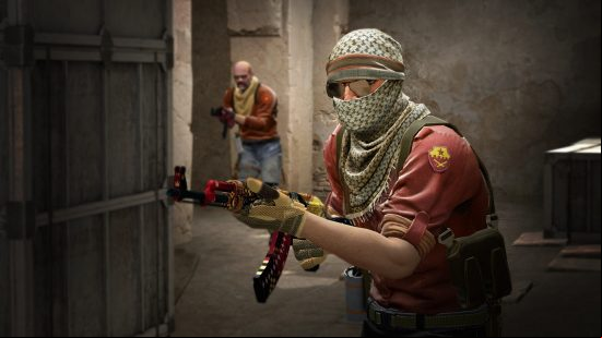 A soldier holds a gun out in front of him, as does another behind him, as they walk stealthily through an alleyway in one of the best free Steam games, CS:GO.