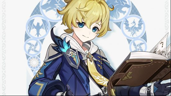 Genshin Impact codes: Artwork of blonde-haired Genshin Impact character Mika levitating a book while smiling.