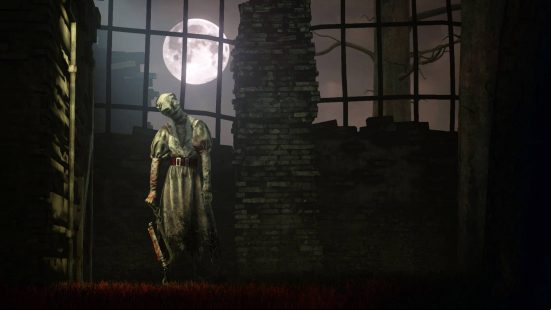 Best ghost games: a haunting image of a woman, draped in cloth holding a knife. She's standing in front of a window with a view of a full moon.