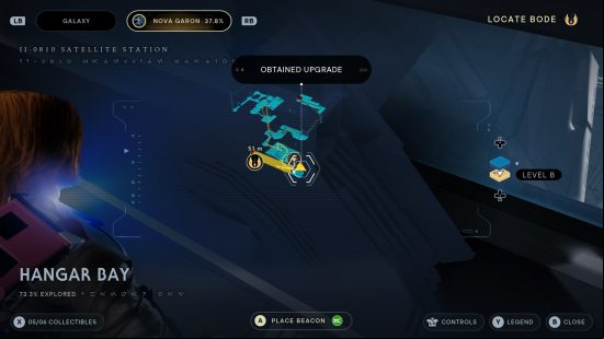 A blue holograpic map of a hanger bay in Star Wars Jedi Survivor.