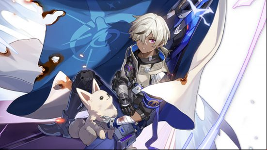 Arlan is one of the playable Honkai Star Rail characters. Here we see him petting his dog with his bandaged hand and arm, while hiding behind his singed cape.