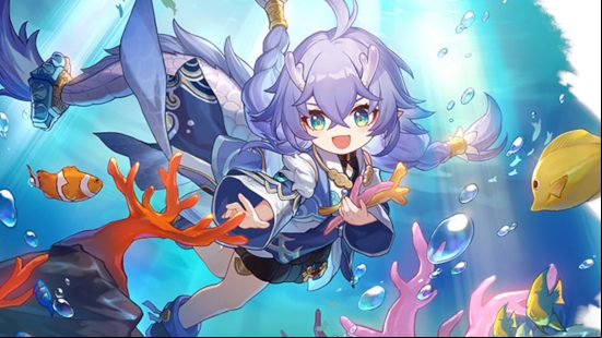 Bailu is actively tearing apart some coral while being surrounded by concerned looking fish. With her dragon-like tail, she's one of the more unique Honkai Star Rails characters.