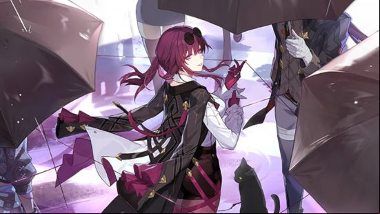 As one of the more mysterious Honkai Star Rail characters, it's fitting that the fugitive Kakfa is hiding in plain sight, surrounded by people with open umbrellas.