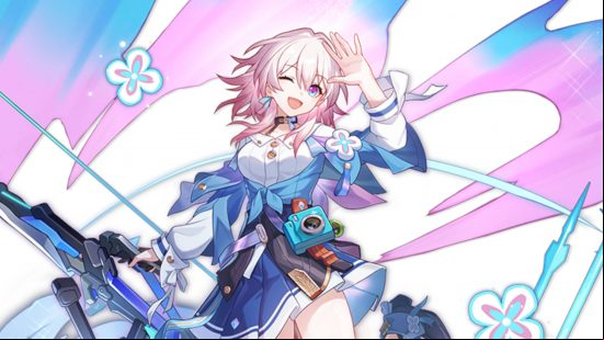 March 7th is one of the Honkai Star Rail characters. She is posing with her bow.