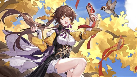 Sushang is one of the kinder Honkai Star Rail characters, painting on wooden tags while sitting on a tree. A sparrow flies close to her.