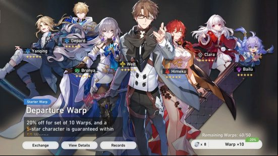 One of the Honkai Star Rail Warps featuring a pool of four-star and five-star characters, including Welt, Himeko, Bronya, and Yanqing.