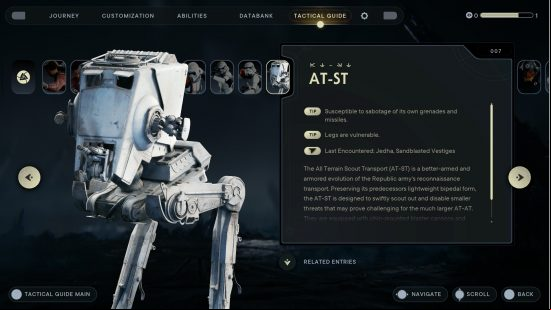 The AT-ST walker, one of the Jedi Survivor bosses, as it appears in the characters menu, including tips on how to defat it.