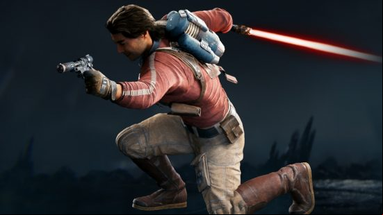 Bode Akuna, your ally-turned Jedi Survivor boss, kneels and points a blaster in front of him.