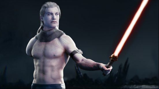 A man with silver hair and one arm holds a red lightsaber, he is Dagan Gera, one of the Star Wars Jedi survivor bosses.