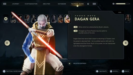 Dagan Gera, one of the Star Wars Jedi Survivor bosses, wears yellow robes and holds a dual-bladed red lightsaber in his hand, he now has a phantom arm in place of his missing arm..