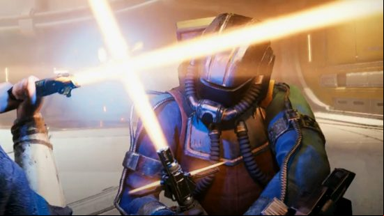Drya Thornne, one of the Jedi Survivor bosses, wears full armour in a battle with Cal Kestis, and wields a yellow-bladed crossguard lightsaber.