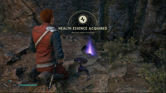 How to heal in Jedi Survivor: Cal Kestis kneels before a purple glow, text reads: "Health Essence acquired".