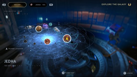 Jedi Survivor walkthrough: The map screen showing Star Wars Jedi Survivor Jedha, alongside a completion percentage.