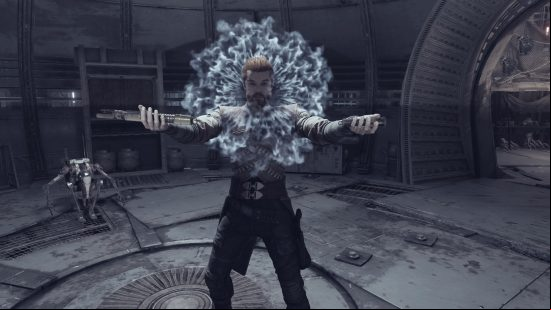 Jedi Survivor walkthrough: A man dressed in black and white shows force powers skills.