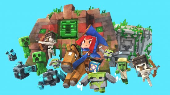 All Minecraft Legends mobs: The hero mobs of Minecraft Legends rush forth in defence, from the player hero on a horse mount, to the creepers and golems around them, all look ready for battle.