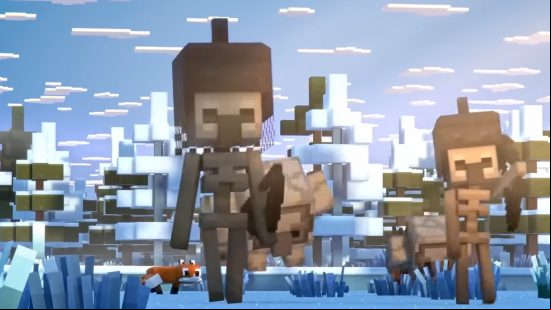 Minecraft Legends mobs: Two skeletons, both with helmets on, stand erady for action in a snowy biome, with snow-topped spruce trees behind them.