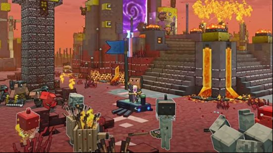 Minecraft Legends mount: The player brandishes their flag into the air while sitting astride the beetle mount that scuttles along the ground as zombies with bows surround them inside a lava fortress.