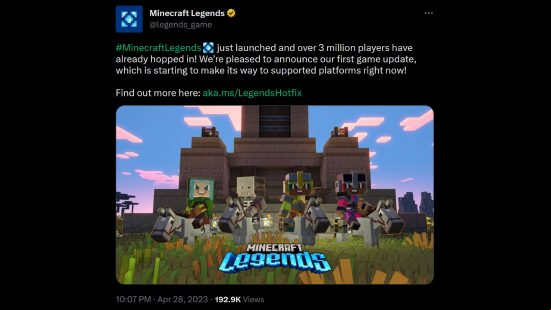 Minecraft Legends player count - Tweet from the game's official , reading: "Minecraft Legends just launched and over 3 million players have already hopped in! We're pleased to announce our first game update, which is starting to make its way to ed platforms right now!"
