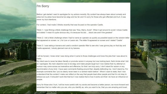 A tweet from Rainbow Six Siege streamer Thaqil apologising for racist TikToks