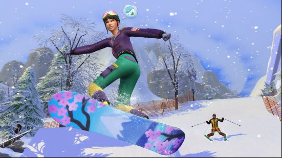 Sims 4 cheats: A snowboarder in the sims 4 snowy escape expansion.