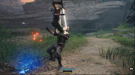 Star Wars Jedi: Survivor: a Jedi attacks his enemy from above with his lightsaber.