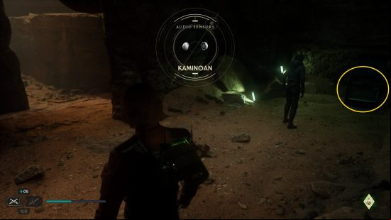 A yellow circle in a dark room shows where to find BD-1 cosmetics