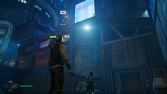 Cal Kestis looks up towards BD-1 cosmetics on a platform