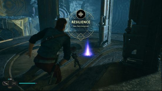 Cal Kestis kneeling down to retrieve the Resilience perk, one of the best Star Wars Jedi Survivor perks.