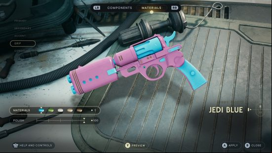 A bubblegum pink Star Wars Jedi Survivor Blaster cosmetics shown on a workbench