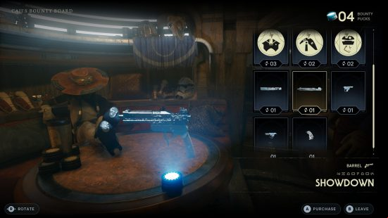 A workbench shows the Star Wars Jedi Survivor Blaster cosmetics