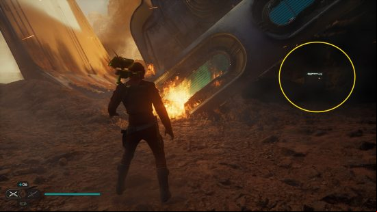 A yellow circle shows the location of a new Star Wars Jedi Survivor Blaster cosmetics