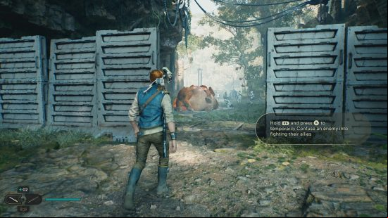 Star Wars Jedi: Survivor: a ginger Jedi walks through a gate on an alien planet.