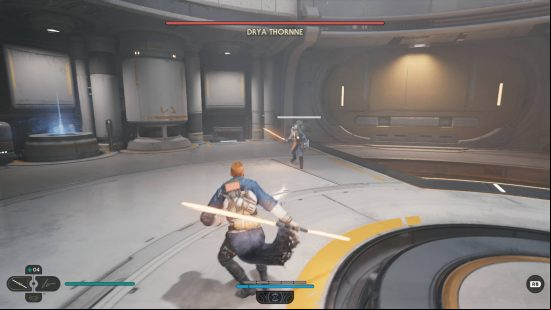 Cal is fighting against Drya Thornne in the room of a base to try and get the Star Wars Jedi Survivor Crossguard stance.