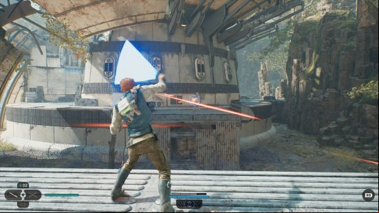 Star Wars Jedi: Survivor: a Jedi deflects a laser blast using his lightsaber.
