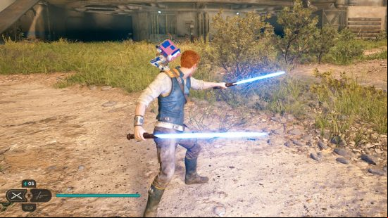 Cal Kestis adopts the Star Wars Jedi Survivor dual wield lightsaber stance, as BD-1 perches on his shoulder.