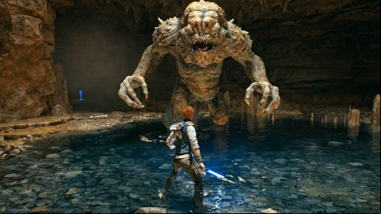 Star Wars Jedi Survivor how long - Cal is about to fight a giant monster in a cave.