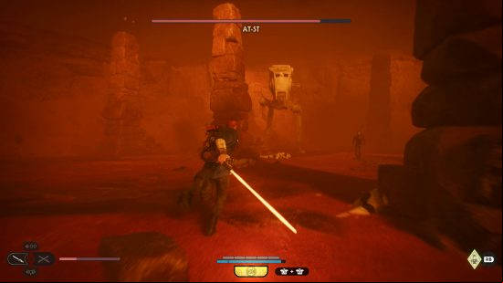 Star Wars Jedi Survivor Jedha - Cal is running with his lightsaber drawn towards an AT-ST in a sandstorm.