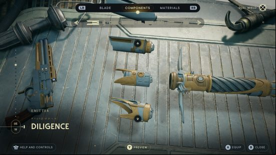 New Star Wars Jedi Survivor Lightsaber parts are displayed on a workbench