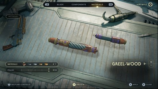 Star Wars Jedi Survivor Lightsaber parts are shown on a workbench