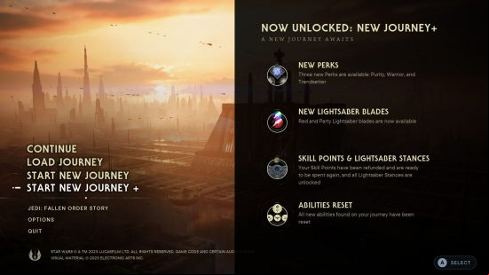 The in-game menu for Star Wars Jedi Survivor new game plus, displaying the various unlocks that occur as soon as you finish your first playthrough.