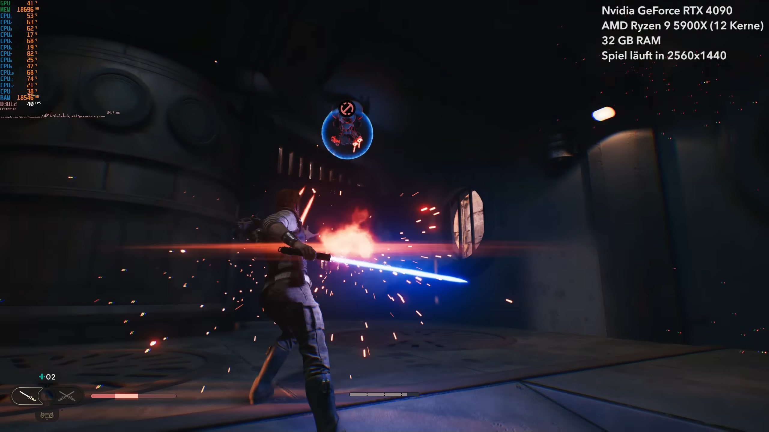 Screenshot of Star Wars Jedi Survivor gameplay with RTX 4090 performance data on screen